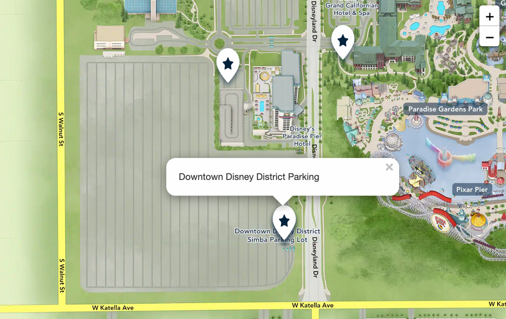 Zone de stationnement du centre-ville de Disney sur la carte