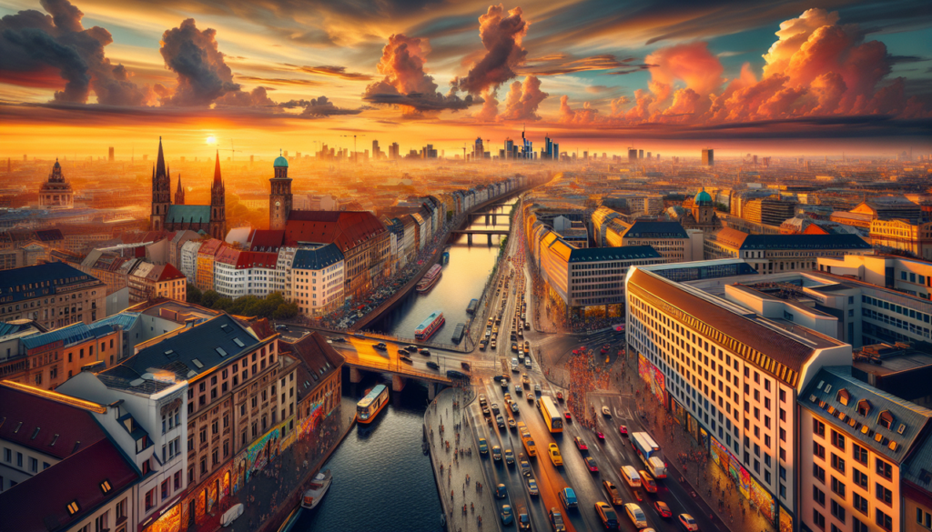 Capitale D : Scène urbaine animée au coucher du soleil avec architecture moderne et historique, ponts, rivière et vie citadine.