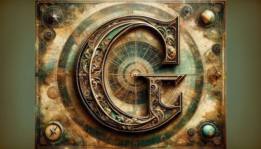 Capitale G stylisée sur fond de carte géographique antique.