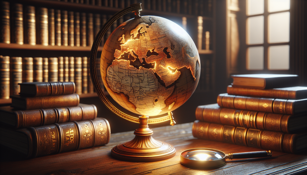Capitale en M sur globe illuminé avec une loupe, ambiance bibliothèque ancienne.
