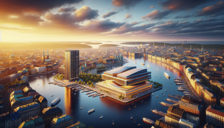 Capitale Oslo, Opéra et harbour illuminés au coucher du soleil, bordés de verdure.
