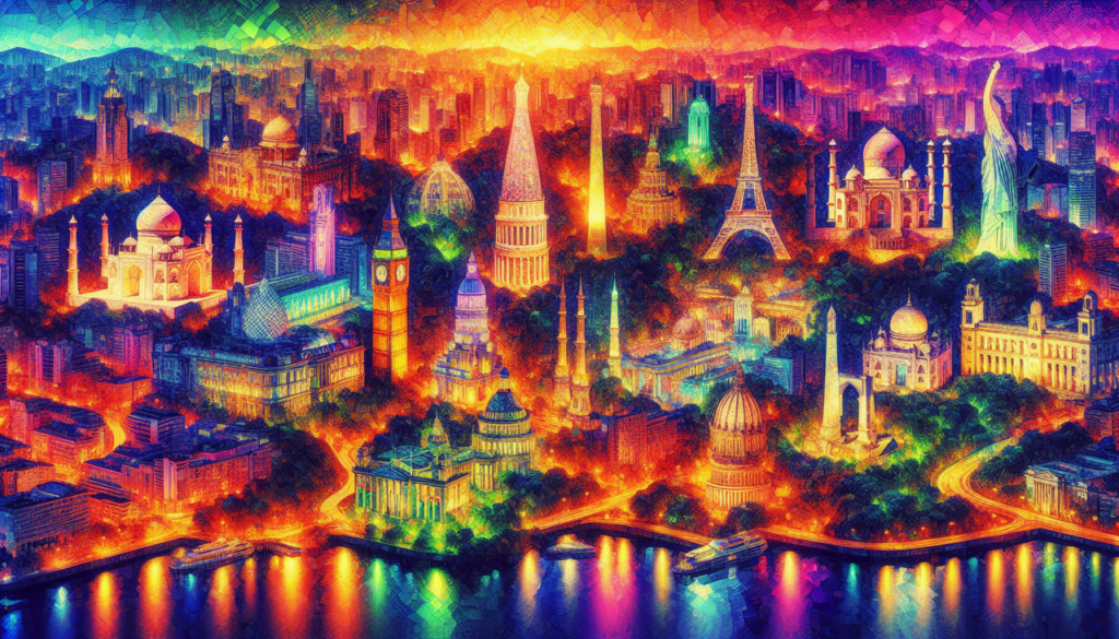 Collage de capitales en Q, landmarks distincts aux couleurs vives, sur fond de globe.