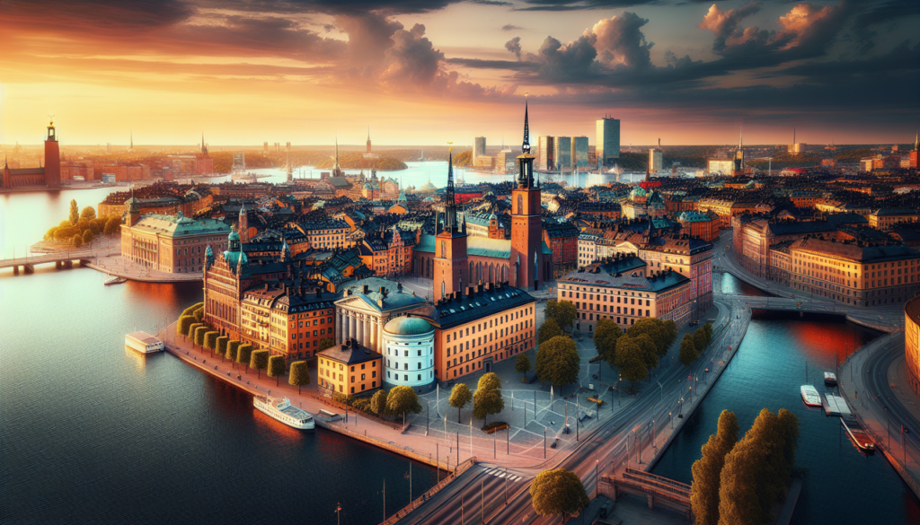 Vue aérienne de Stockholm et son majestueux Hôtel de Ville, Gamla Stan, le front de mer de la mer Baltique, et le skyline moderne, illuminated by the warm light of sunset.