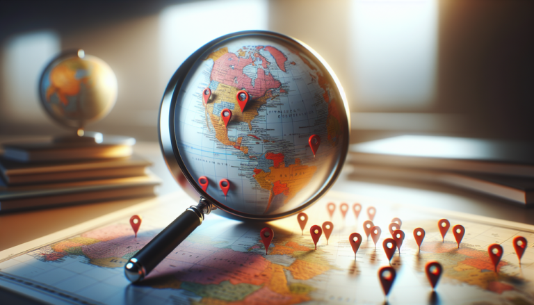 Capitales commençant par T sur une carte du monde avec loupe et épingles rouges.
