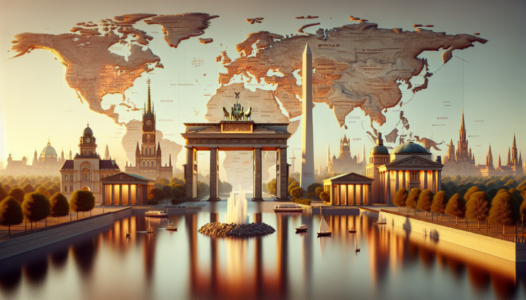 Capitale en W - Iconiques monuments illuminés au coucher du soleil sur la carte mondiale.