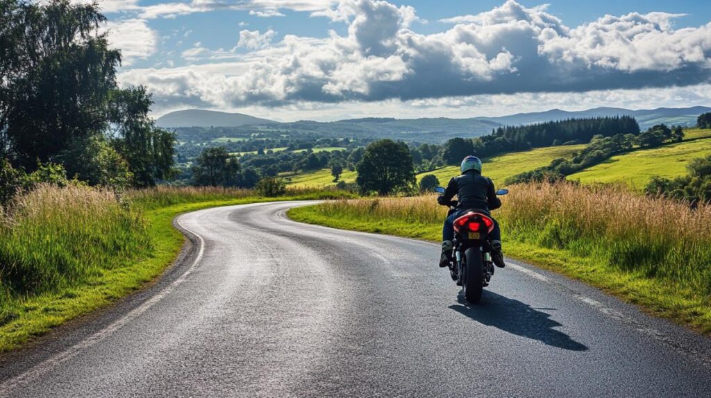 motard sur route de dos