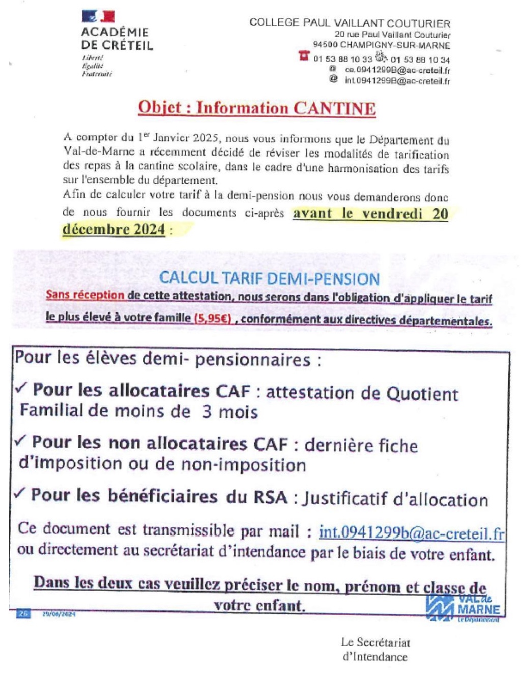 Interface du Portail Familles Créteil