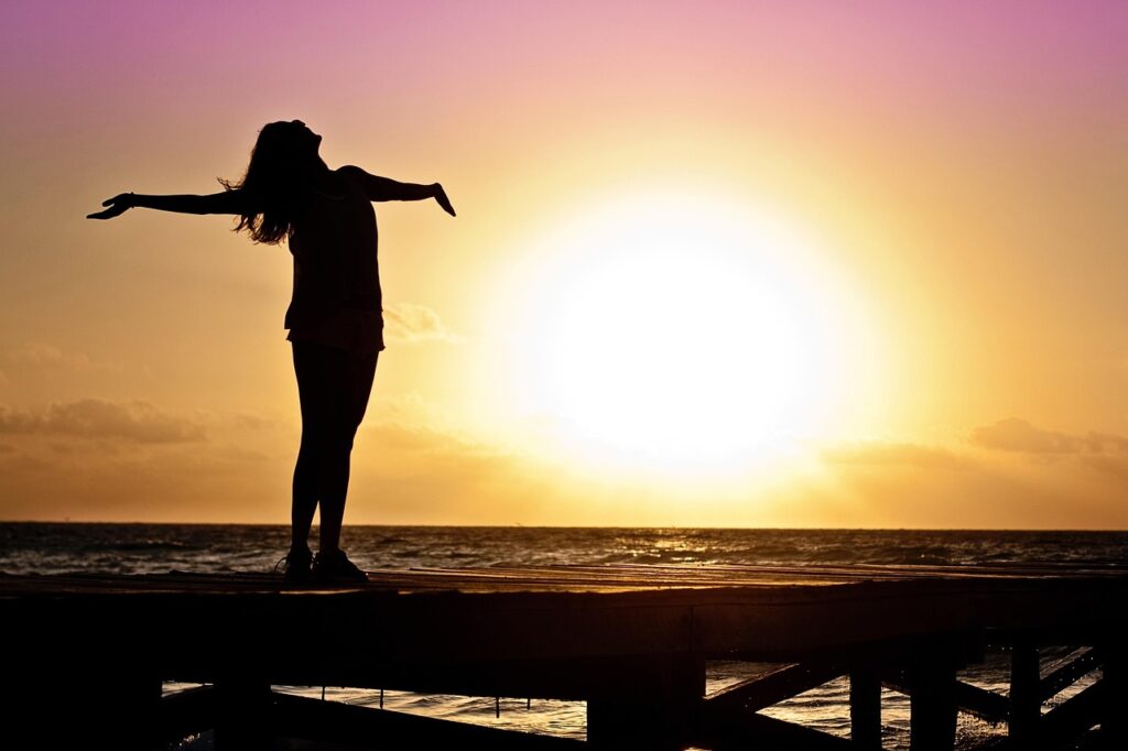woman, girl, freedom, happy, sun, silhouette, sunrise, nature, beach, sunset, dusk, dawn, twilight