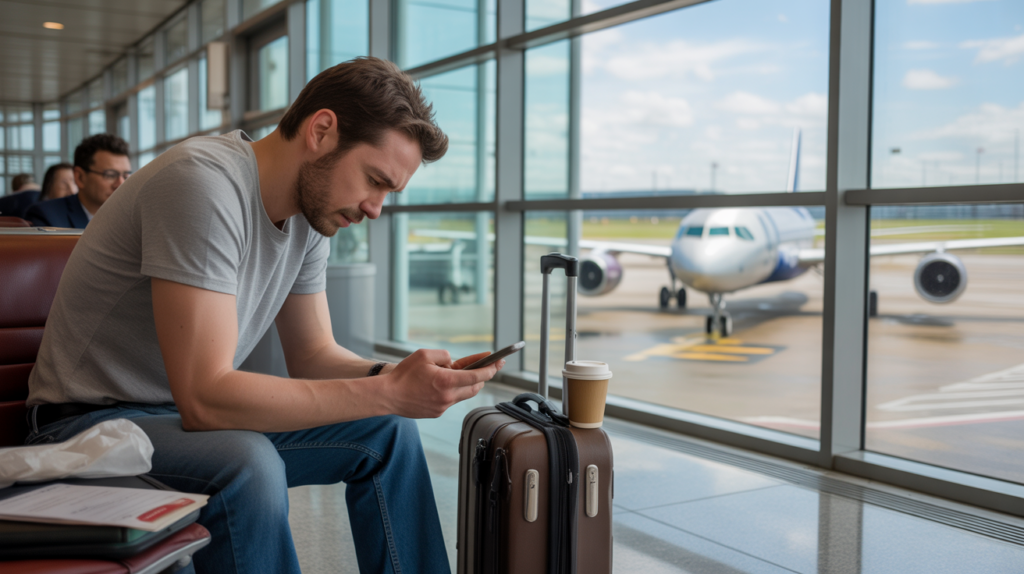 voyageur fatigué attendant dans un aéroport après un vol retardé, regardant son téléphone près d’une grande fenêtre avec un avion visible dehors sous un ciel nuageux