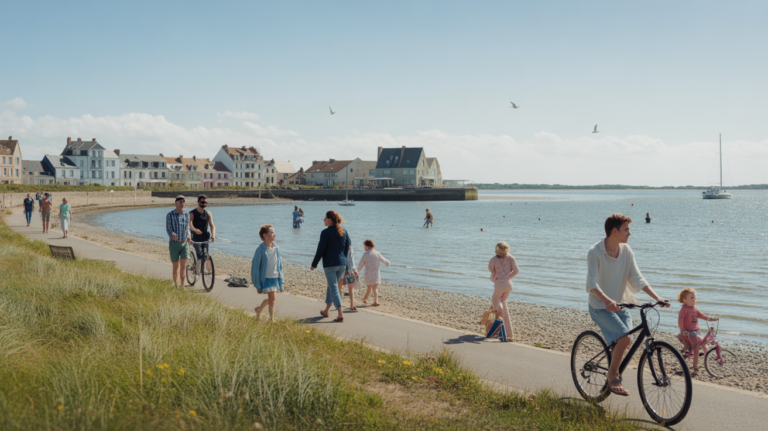 Scène réaliste du front de mer du Crotoy avec passants, architecture typique et baie de Somme en arrière-plan