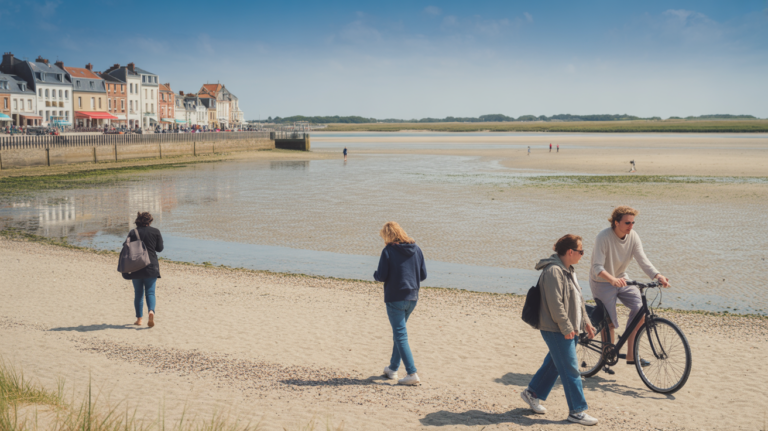 Vue réaliste du front de mer du Crotoy avec la plage, la baie de Somme à marée basse, des bâtiments authentiques et quelques personnes se promenant.