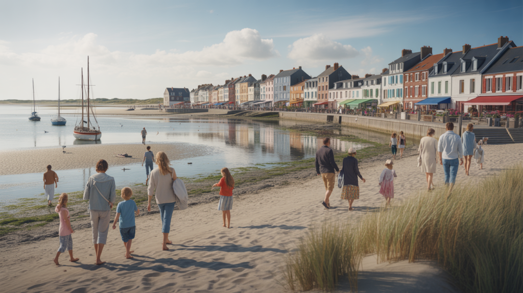 Scène réaliste du front de mer du Crotoy avec plage, promeneurs et bâtiments authentiques sous une lumière naturelle.