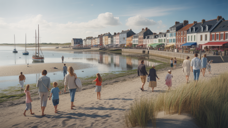 Scène réaliste du front de mer du Crotoy avec plage, promeneurs et bâtiments authentiques sous une lumière naturelle.