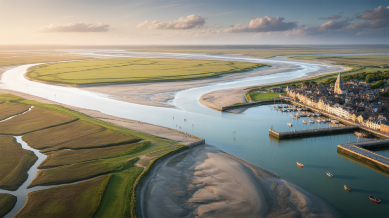 Vue aérienne réaliste de la Baie de Somme au coucher du soleil, montrant l’estuaire, les bancs de sable, les marais et les villages authentiques comme Saint-Valery-sur-Somme et Le Crotoy.