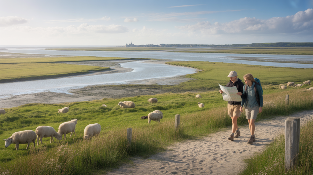 Paysage réaliste de la Baie de Somme au coucher du soleil, avec marais, moutons sur les prés salés, randonneurs consultant une carte et vue lointaine de Saint-Valery-sur-Somme.