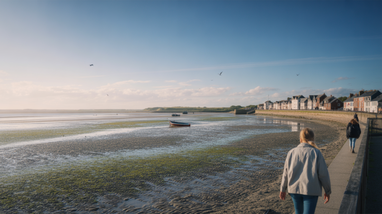 Vue réaliste de la baie de Somme à marée basse, avec les maisons de Saint‑Valery en arrière‑plan, des bateaux échoués sur les vasières et quelques promeneurs sur le rivage.