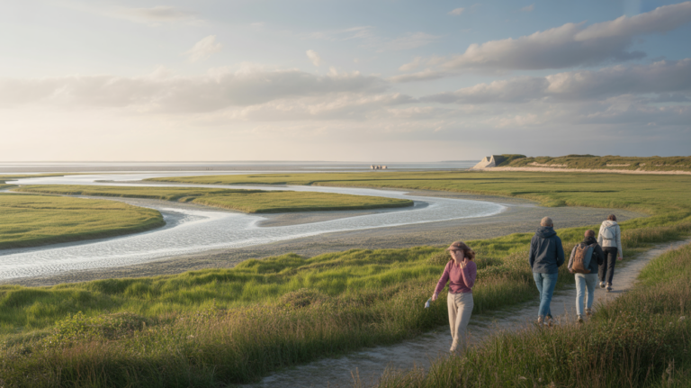 Paysage réaliste de la Baie de Somme au coucher du soleil, avec ses étendues sableuses, ses méandres d’eau et quelques promeneurs sur un sentier naturel.