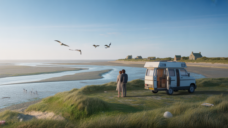 Scène réaliste d’un camping-car surplombant la Baie de Somme au coucher du soleil, avec un couple observant les oiseaux migrateurs et un paysage naturel authentique.