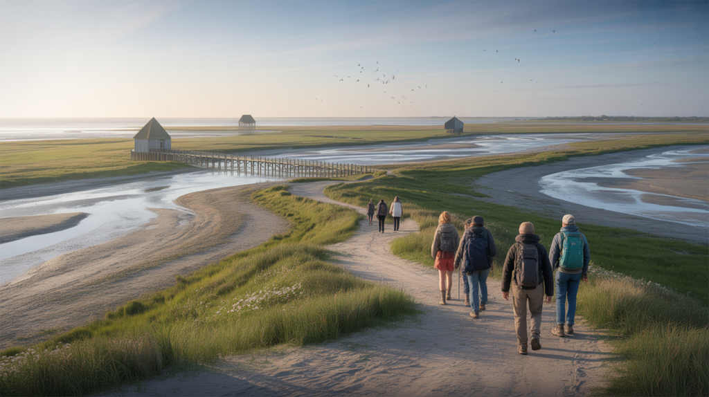 Paysage réaliste de la Baie de Somme au lever du soleil avec marais salants, chemins sableux et randonneurs observant les oiseaux.