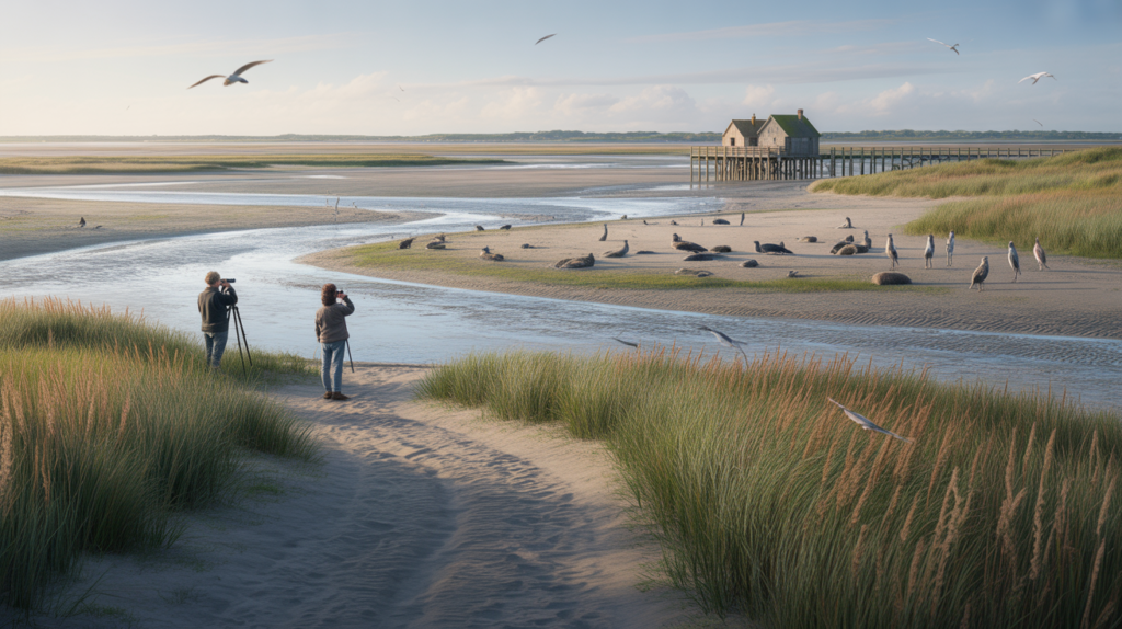 Paysage réaliste de la Baie de Somme au coucher du soleil avec ses vasières, un sentier en bois, des cabanes de pêcheurs et des oiseaux migrateurs.