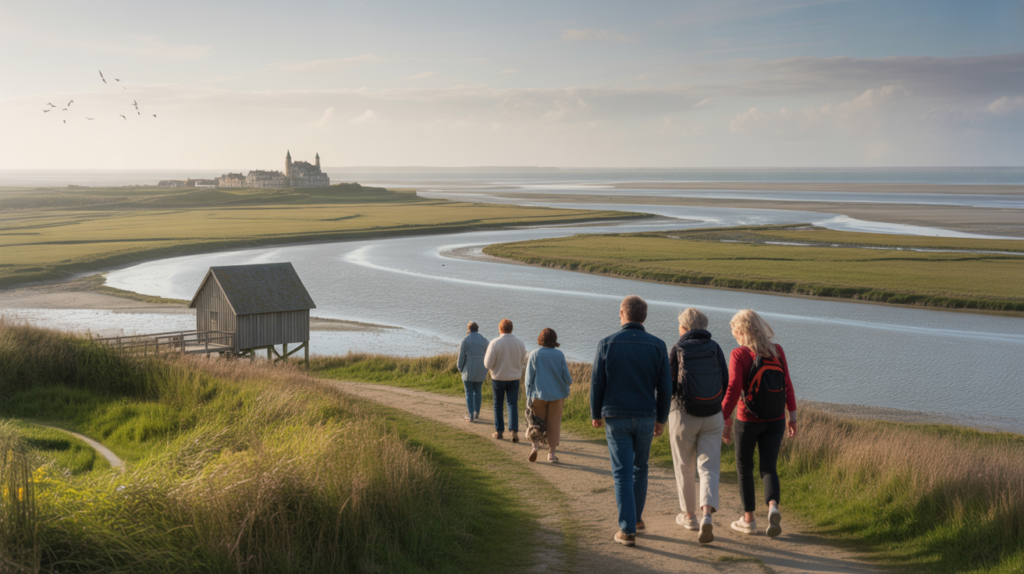Paysage réaliste de la Baie de Somme au coucher du soleil avec marais, estuaire, voyageurs marchant et atmosphère naturelle.