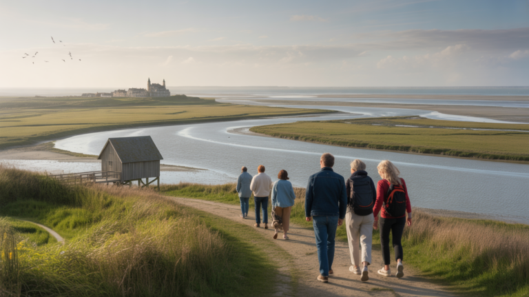 Paysage réaliste de la Baie de Somme au coucher du soleil avec marais, estuaire, voyageurs marchant et atmosphère naturelle.