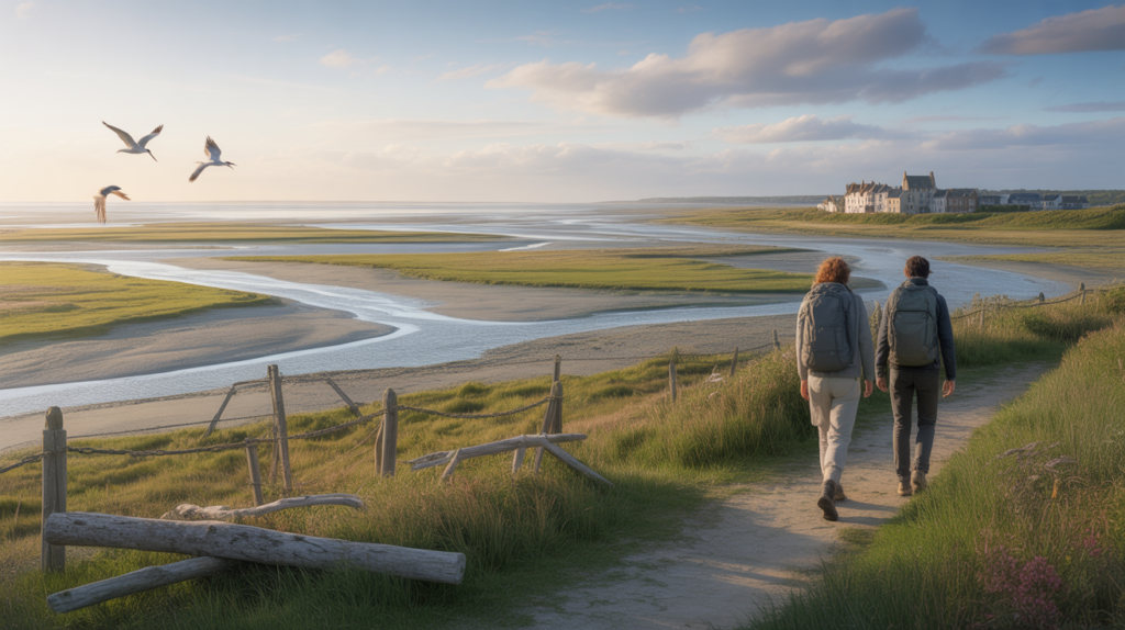 Paysage réaliste de la Baie de Somme au coucher du soleil, avec des marais, des oiseaux migrateurs, deux randonneurs sur un chemin en bois et les bâtiments authentiques de Saint-Valery-sur-Somme au loin.