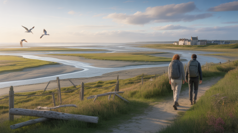 Paysage réaliste de la Baie de Somme au coucher du soleil, avec des marais, des oiseaux migrateurs, deux randonneurs sur un chemin en bois et les bâtiments authentiques de Saint-Valery-sur-Somme au loin.