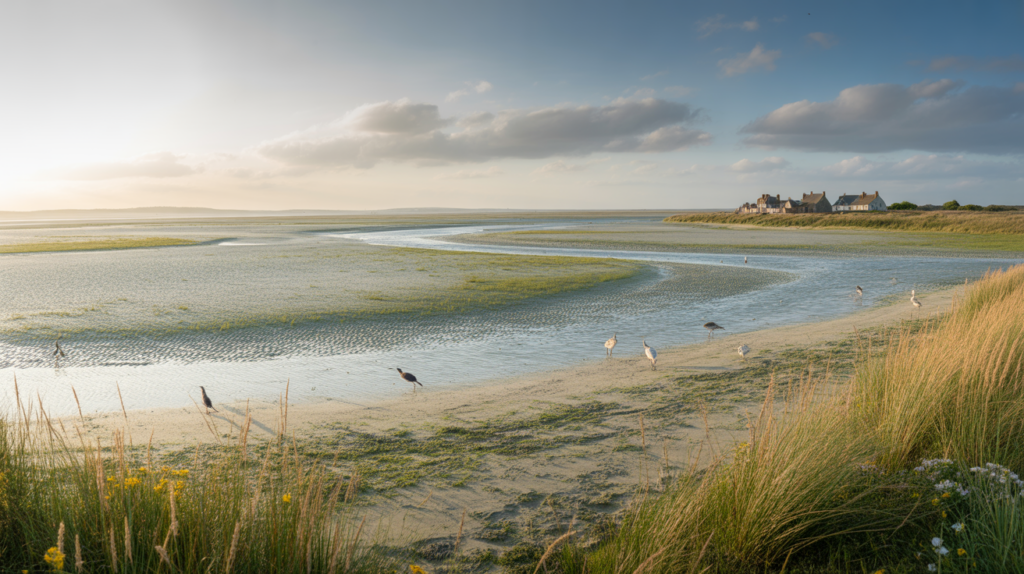 Paysage réaliste de la Baie de Somme au coucher du soleil, avec prés salés, oiseaux migrateurs et vue lointaine sur Saint‑Valery‑sur‑Somme.