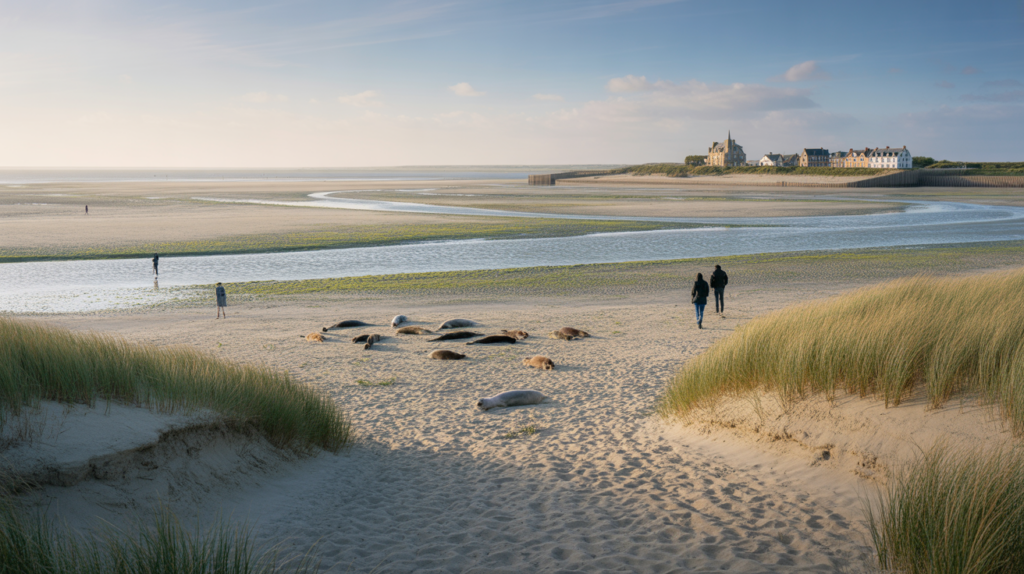 Paysage réaliste de la Baie de Somme au coucher du soleil avec dunes, bancs de sable, phoques et vues authentiques sur Le Crotoy et Saint-Valery-sur-Somme.