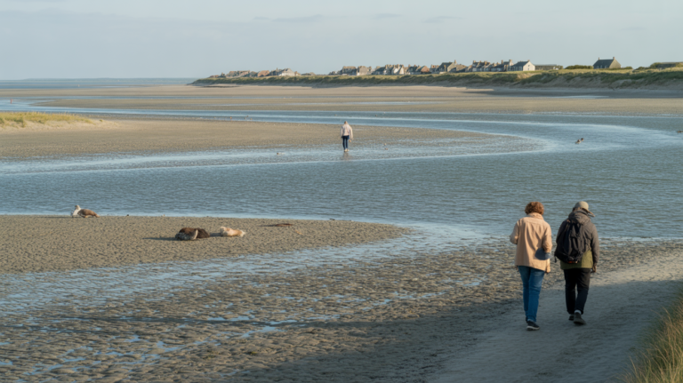 Paysage réaliste de la Baie de Somme au coucher du soleil avec bancs de sable, eau peu profonde, promeneurs et maisons de Saint-Valery-sur-Somme au loin.