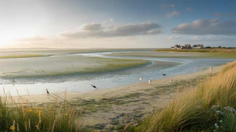 Paysage réaliste de la Baie de Somme au coucher du soleil, avec prés salés, oiseaux migrateurs et vue lointaine sur Saint‑Valery‑sur‑Somme.