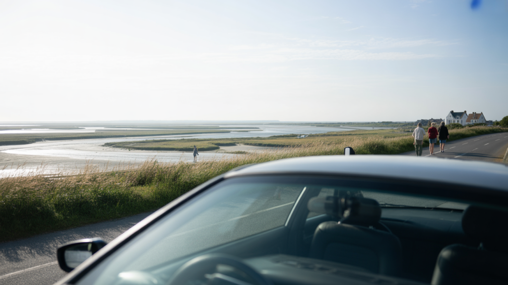 Vue réaliste depuis une voiture sur les paysages naturels de la Baie de Somme avec marais, herbes sauvages et bâtiments authentiques au loin.