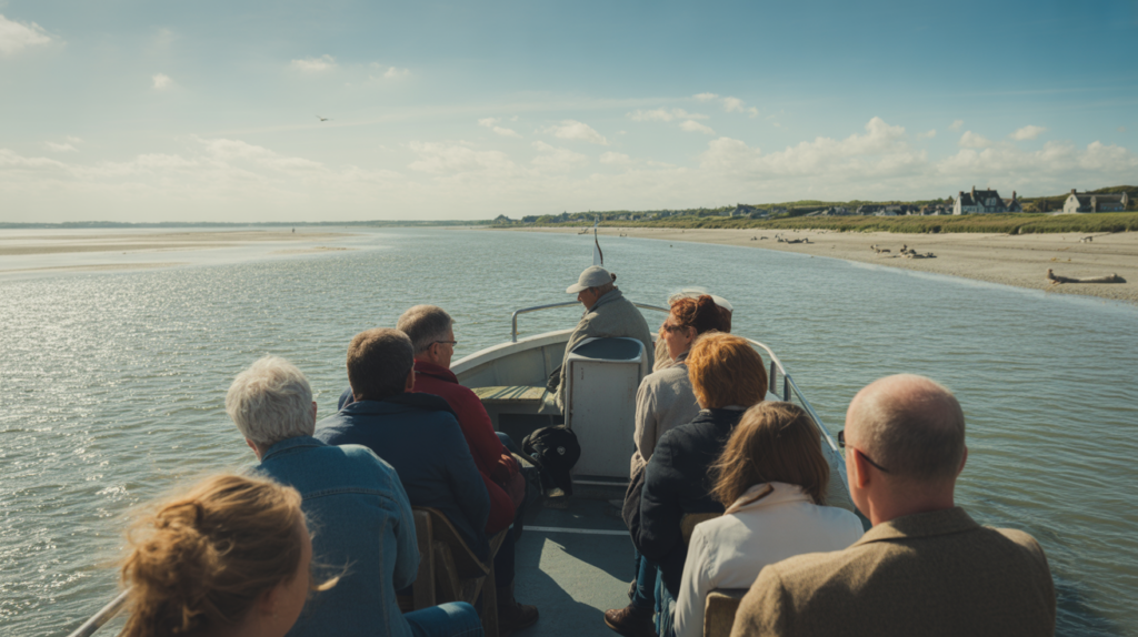 Scène réaliste d’une excursion en bateau en Baie de Somme près du Crotoy avec passagers et paysage naturel.