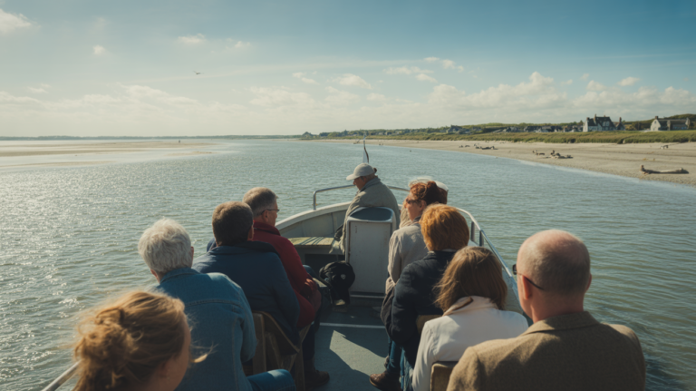 Scène réaliste d’une excursion en bateau en Baie de Somme près du Crotoy avec passagers et paysage naturel.