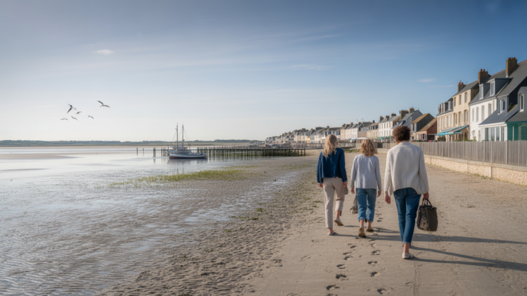 Scène réaliste du Crotoy montrant la plage, les maisons du front de mer et quelques promeneurs au bord de l’eau dans la baie de Somme.