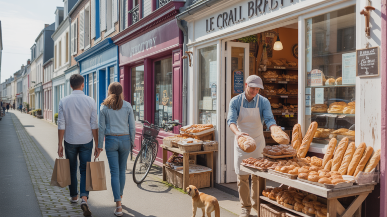 Scène réaliste d’une boulangerie authentique du Crotoy avec habitants, détails naturels et ambiance matinale chaleureuse.