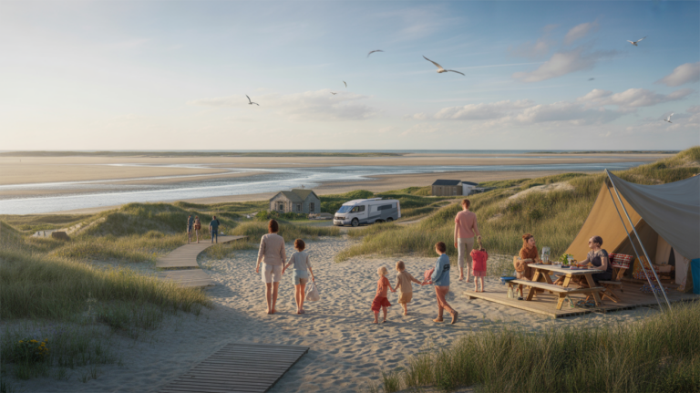 Scène réaliste d’un camping au Crotoy en Baie de Somme, avec dunes, mer, familles et ambiance naturelle.