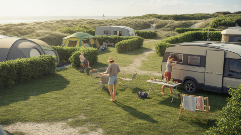 Scène réaliste d’un camping côtier près du Crotoy, avec tentes, caravanes, végétation naturelle et ambiance estivale authentique.