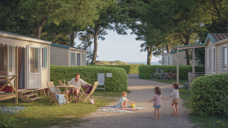 Scène réaliste d’un camping familial près de Saint-Valery-sur-Somme, avec mobile homes, verdure et vue naturelle sur la baie.