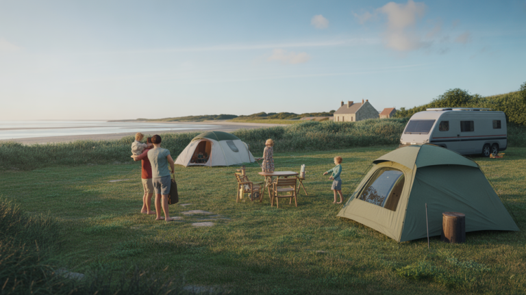 Scène réaliste d’un camping paisible surplombant la baie de Somme à Saint-Valery-sur-Somme avec tentes, végétation naturelle et ambiance estivale authentique.