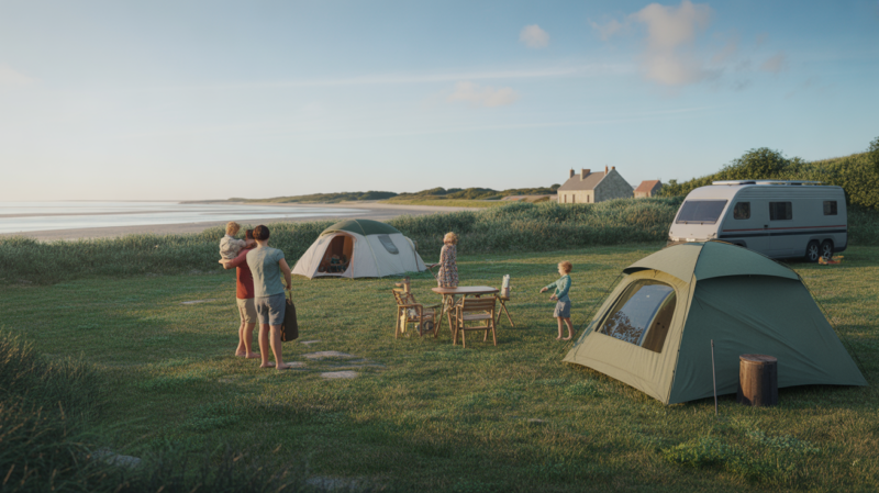 Scène réaliste d’un camping paisible surplombant la baie de Somme à Saint-Valery-sur-Somme avec tentes, végétation naturelle et ambiance estivale authentique.