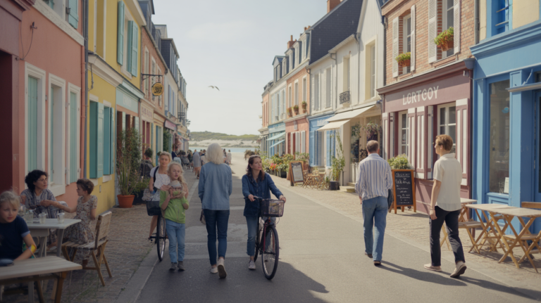 Rue animée et authentique du centre-ville du Crotoy avec façades picardes, cafés, habitants en promenade et ambiance côtière naturelle.