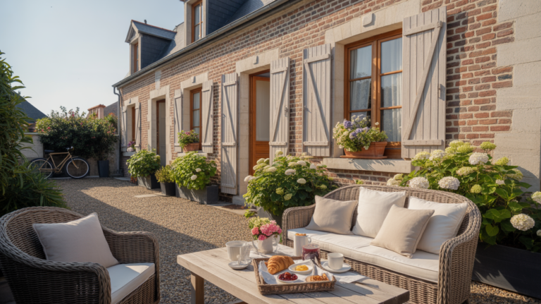 Maison d’hôtes de charme à Saint‑Valery‑sur‑Somme au coucher du soleil, avec cour fleurie et ambiance chaleureuse.