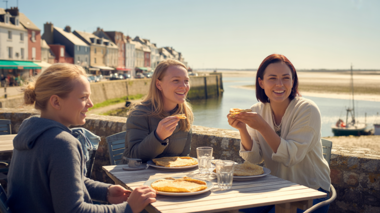Scène réaliste d’une crêperie en terrasse au Crotoy avec vue sur le port et des clients dégustant des crêpes dans une atmosphère naturelle.