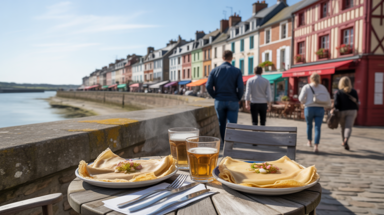 Terrasse authentique de crêperie à Saint-Valery-sur-Somme avec vue sur les quais et maisons traditionnelles, ambiance naturelle et chaleureuse.