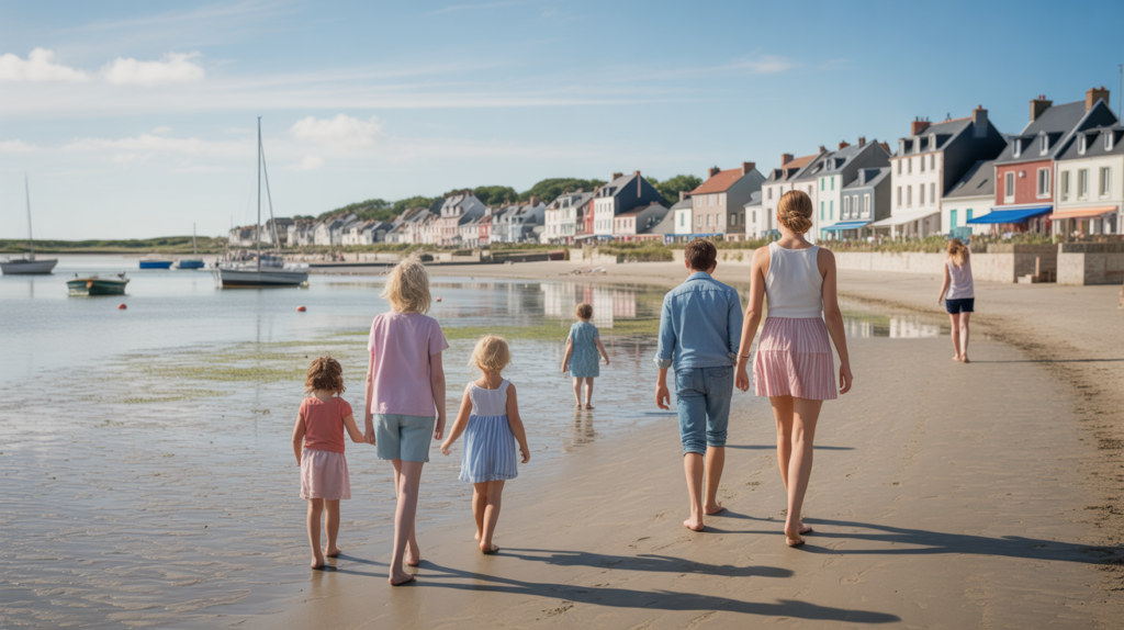 Scène naturelle et réaliste du front de mer du Crotoy avec familles en balade, maisons authentiques et bateaux sur la baie.