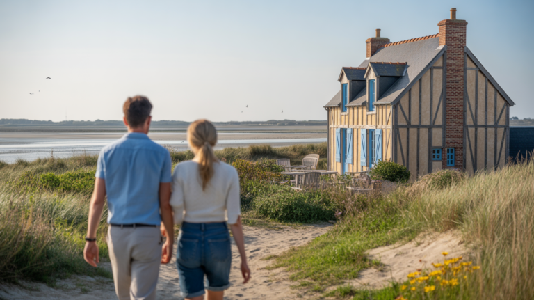 Scène réaliste d’un gîte traditionnel au Crotoy, baigné par une lumière douce, avec un couple marchant vers la maison près de la Baie de Somme.