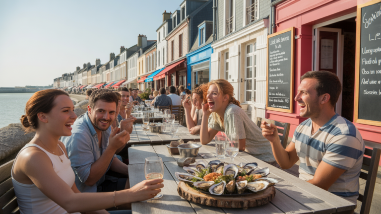Scène réaliste au Crotoy montrant des restaurants en bord de mer et des personnes dégustant des fruits de mer dans une ambiance naturelle et authentique.