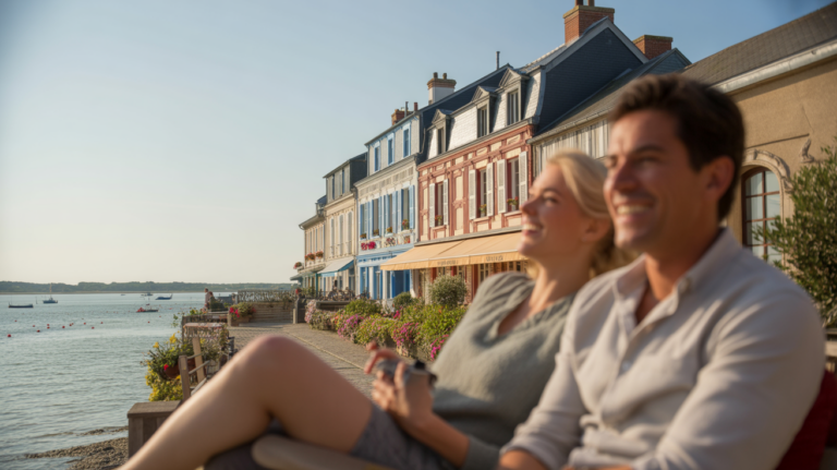 Scène réaliste et chaleureuse montrant un hôtel‑restaurant de charme au Crotoy face à la baie, baigné de lumière douce, avec visiteurs détendus et ambiance authentique.